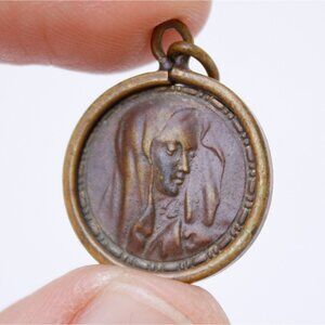 Vintage Holy Virgin Mary bronze portrait pendant, Mary of the rosary old